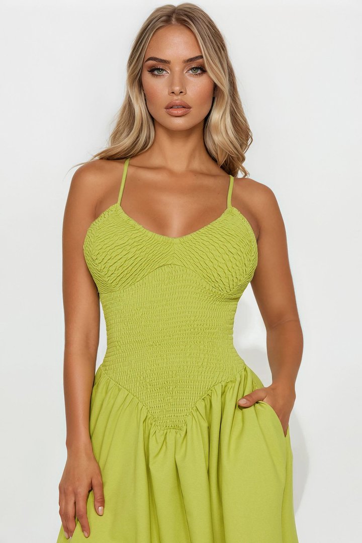 Lily Smocked Drop Waist Maxi Dress - Green