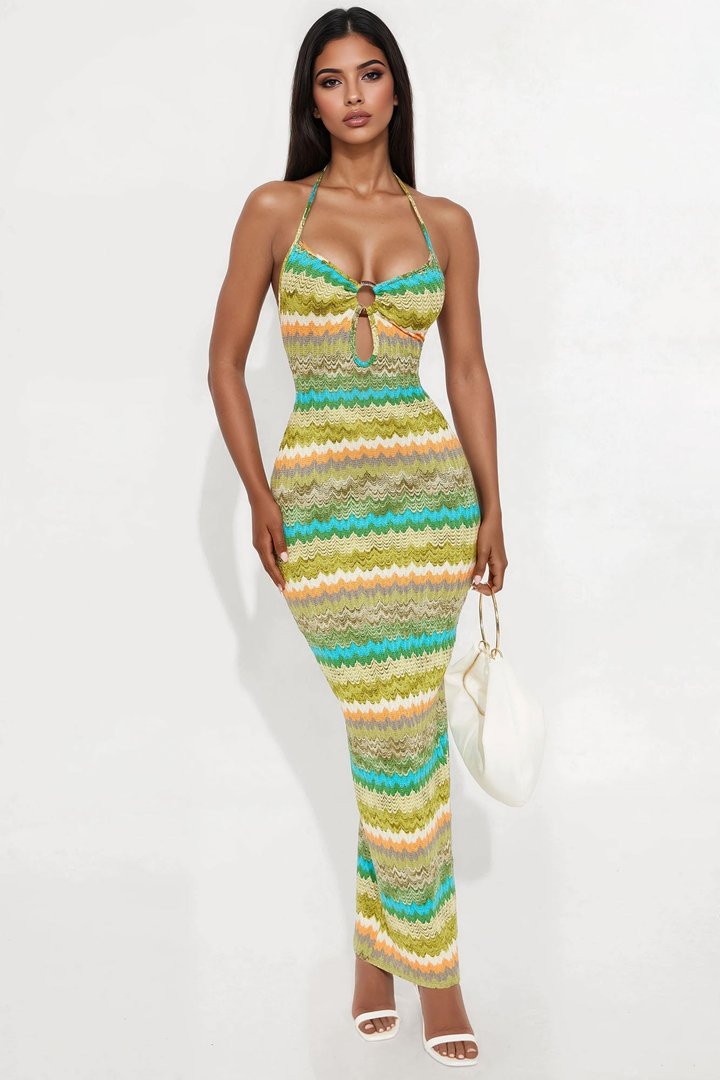 Beach Bum Crochet Maxi Dress - Green/combo