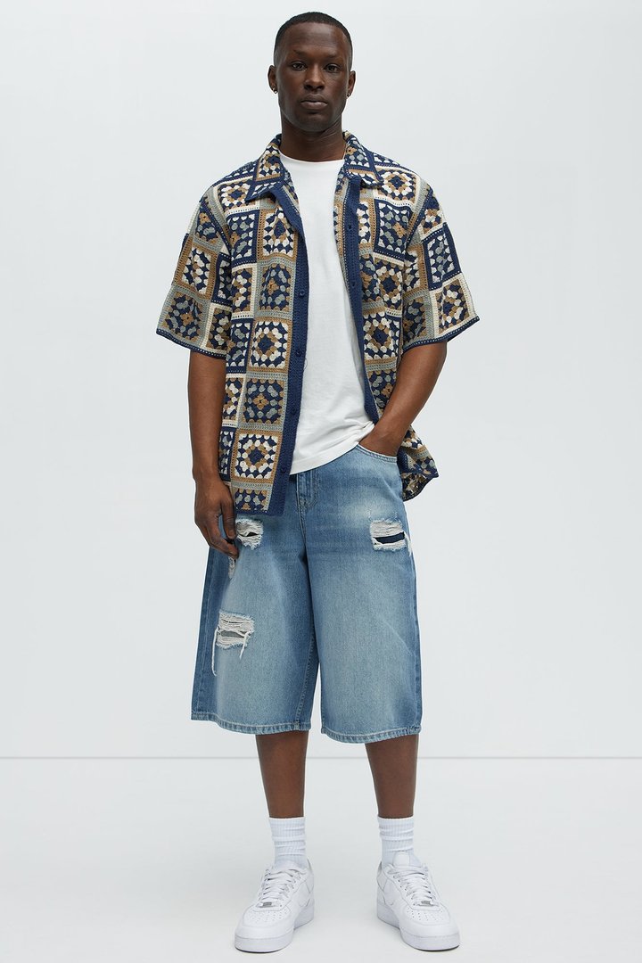 Say It Distressed Baggy Denim Shorts - Medium Blue Wash