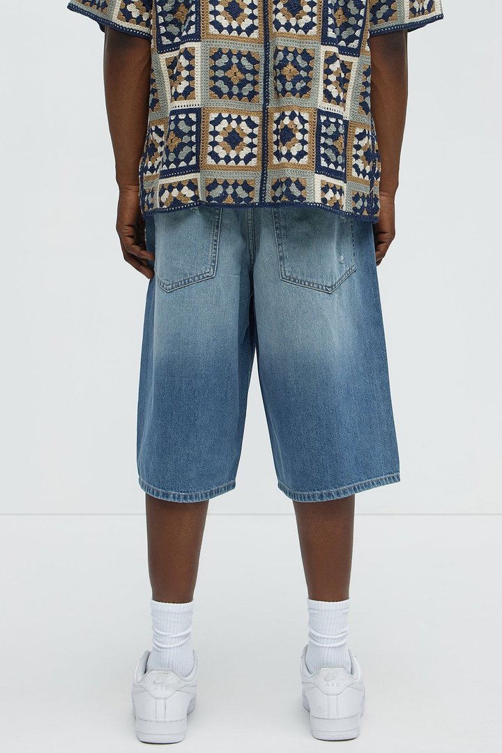 Say It Distressed Baggy Denim Shorts - Medium Blue Wash