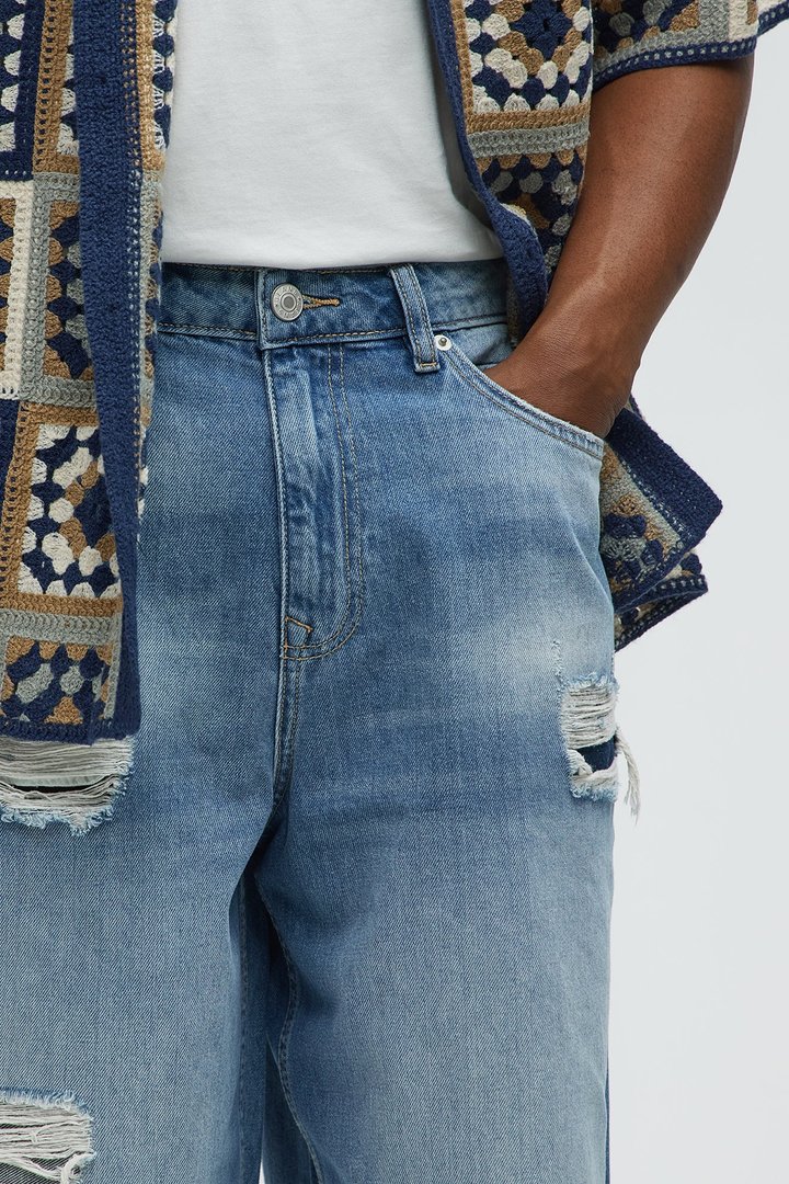 Say It Distressed Baggy Denim Shorts - Medium Blue Wash