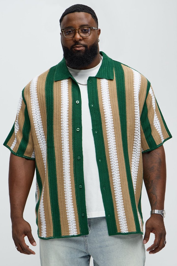 Brock Striped Crochet Collar Button Down Shirt - Green/combo