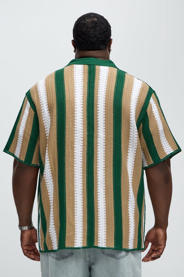 Brock Striped Crochet Collar Button Down Shirt - Green/combo