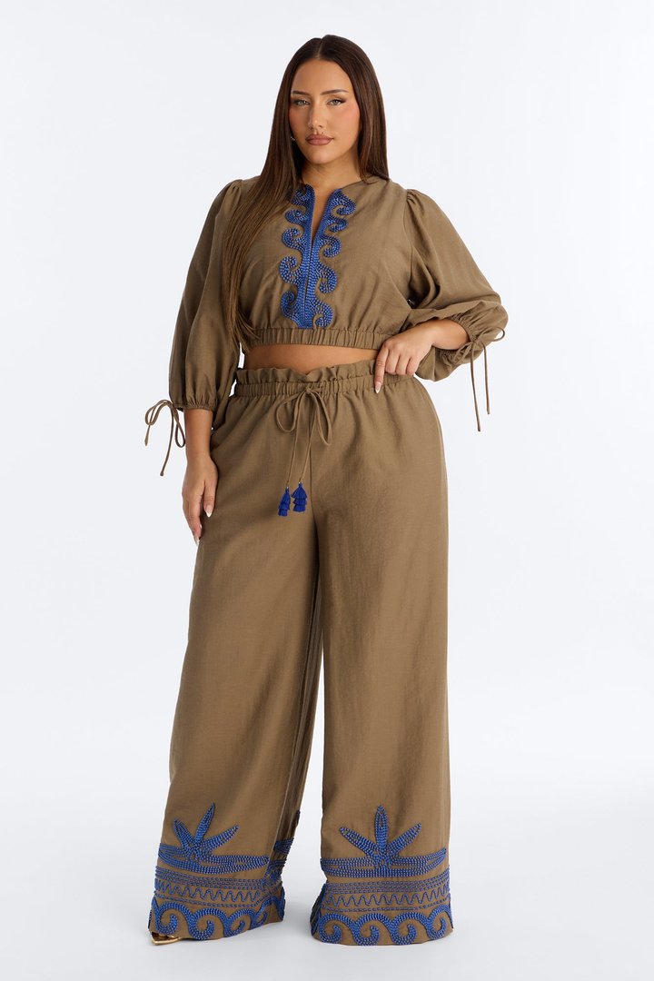 Cecilia Embroidered Linen Pant Set - Mocha