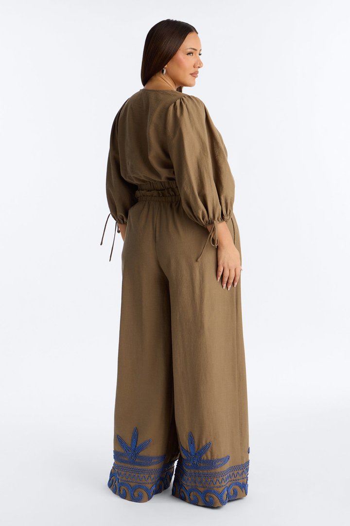 Cecilia Embroidered Linen Pant Set - Mocha