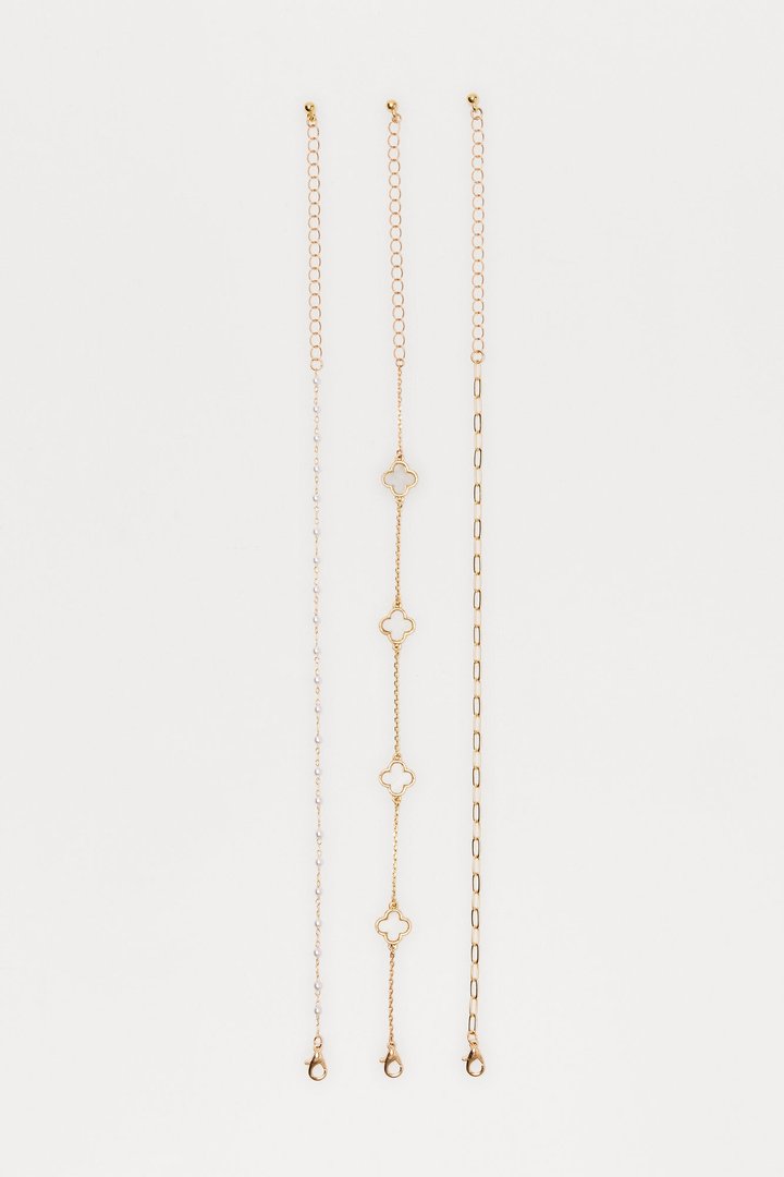 Clovers And Pearls 3 Piece Anklet Set - Gold