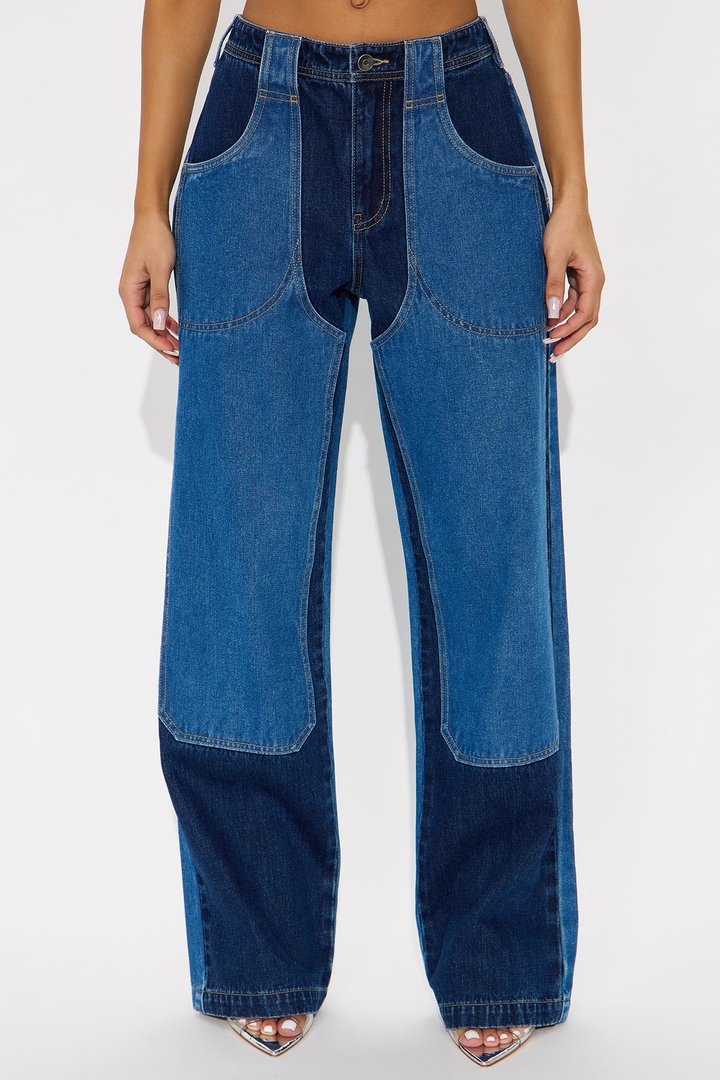 Payton Two Tone Utility Wide Leg Jeans - Dark Wash