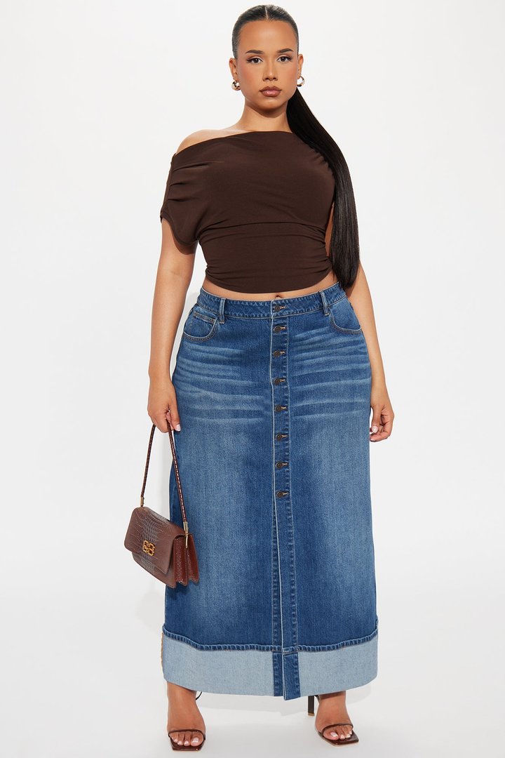 Loulou Mid Rise Denim Cuffed Hem Ankle Maxi Skirt - Medium Wash