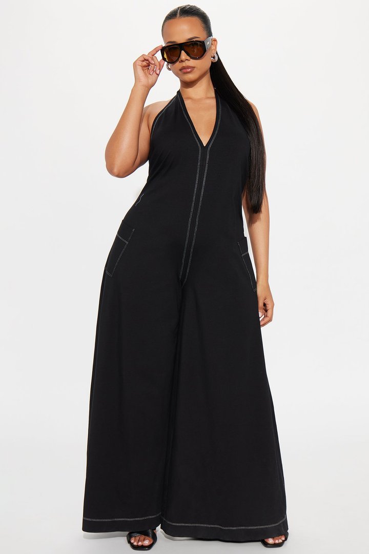 Linnet Tie Halter Wide Leg Jumpsuit - Black