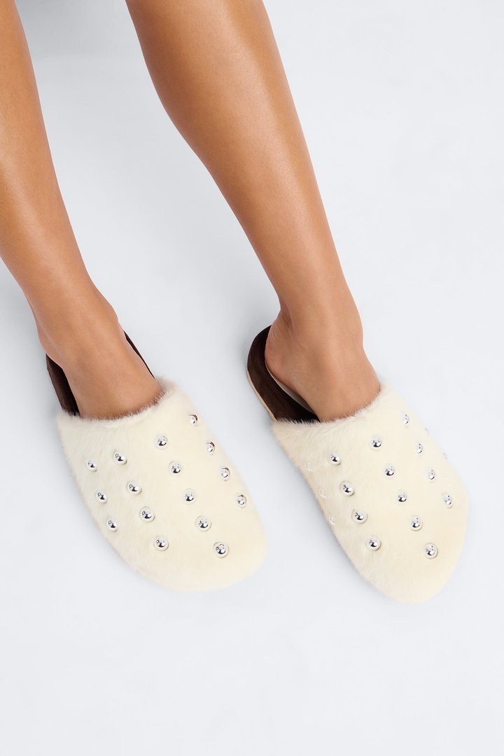 Strands Studded Sherpa Flats - White