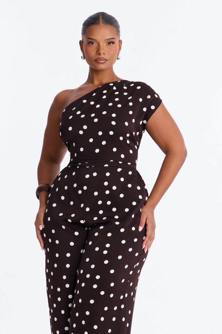 Penni Polka Dot One Shoulder Jumpsuit - Chocolate