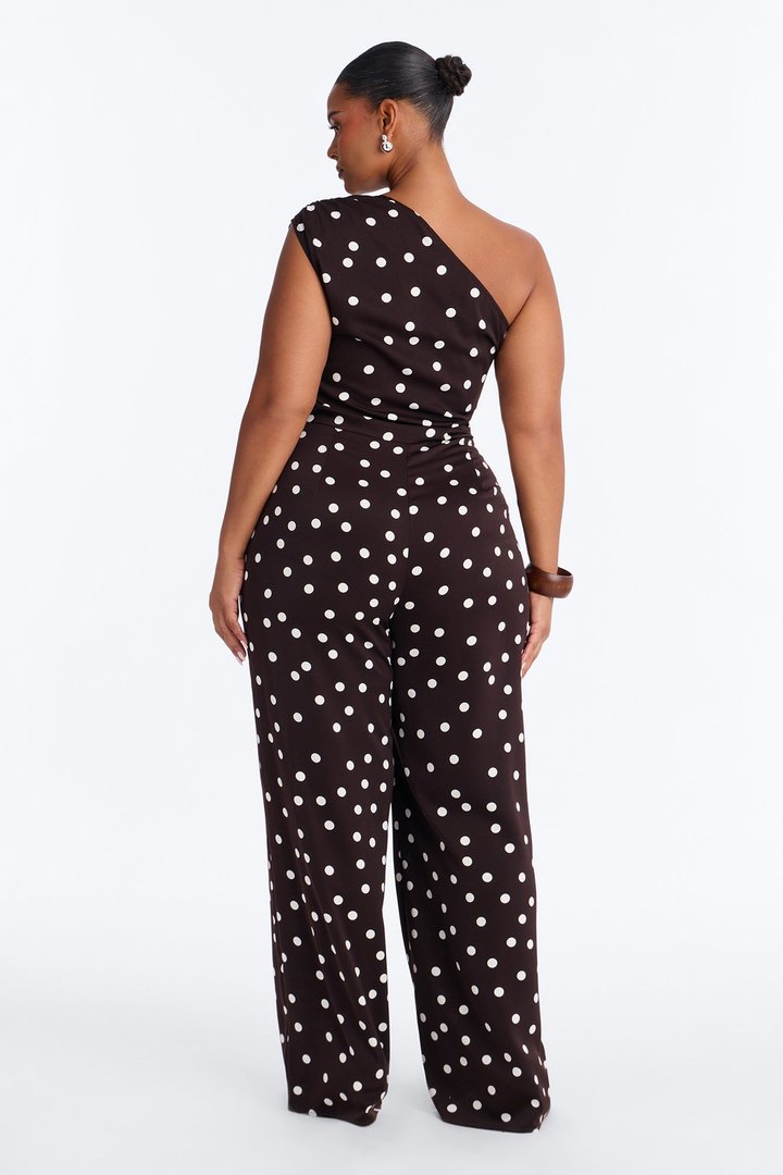 Penni Polka Dot One Shoulder Jumpsuit - Chocolate