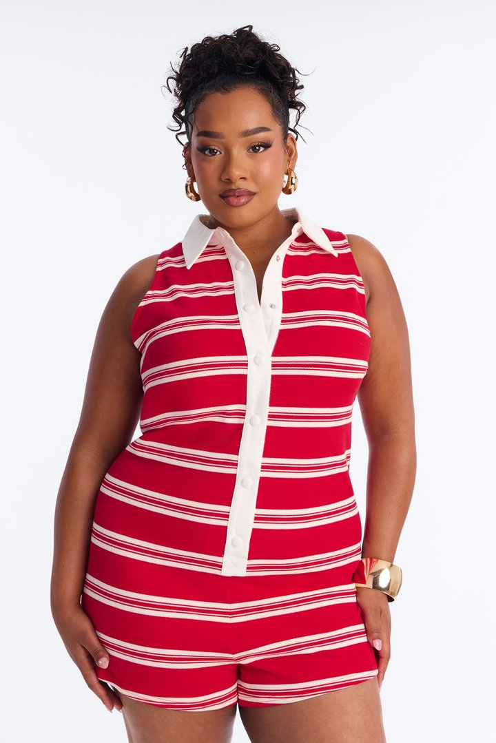 Cleo Polo Striped Sleevless Romper - Red