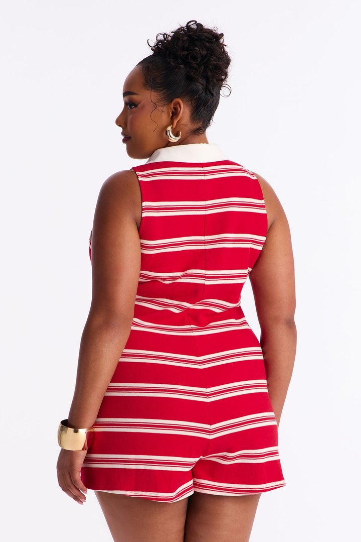 Cleo Polo Striped Sleevless Romper - Red