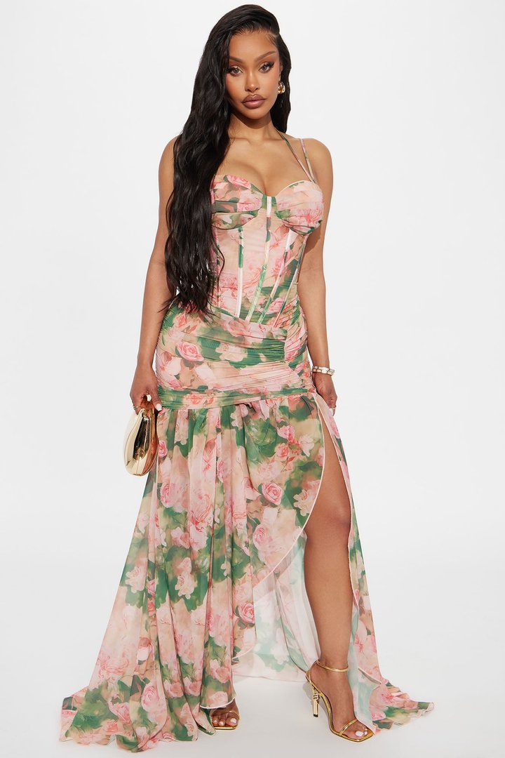 Sweet As Me Floral Chiffon Maxi Dress - Nude/combo