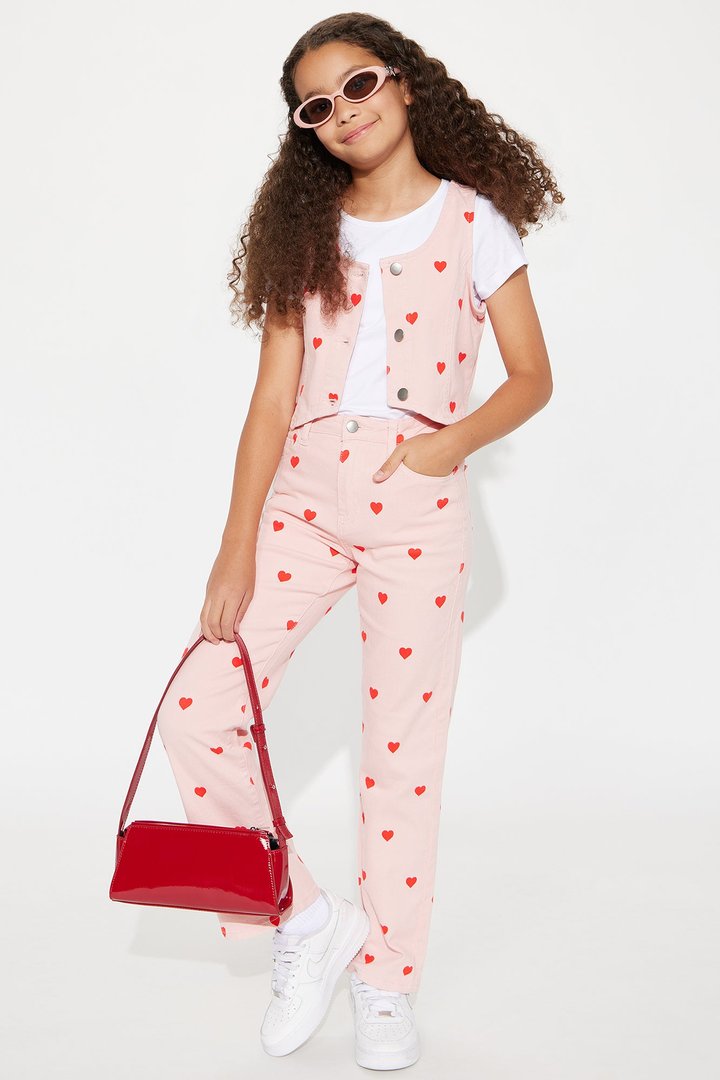 Mini Feeling The Love Heart Print Denim Set - Pink