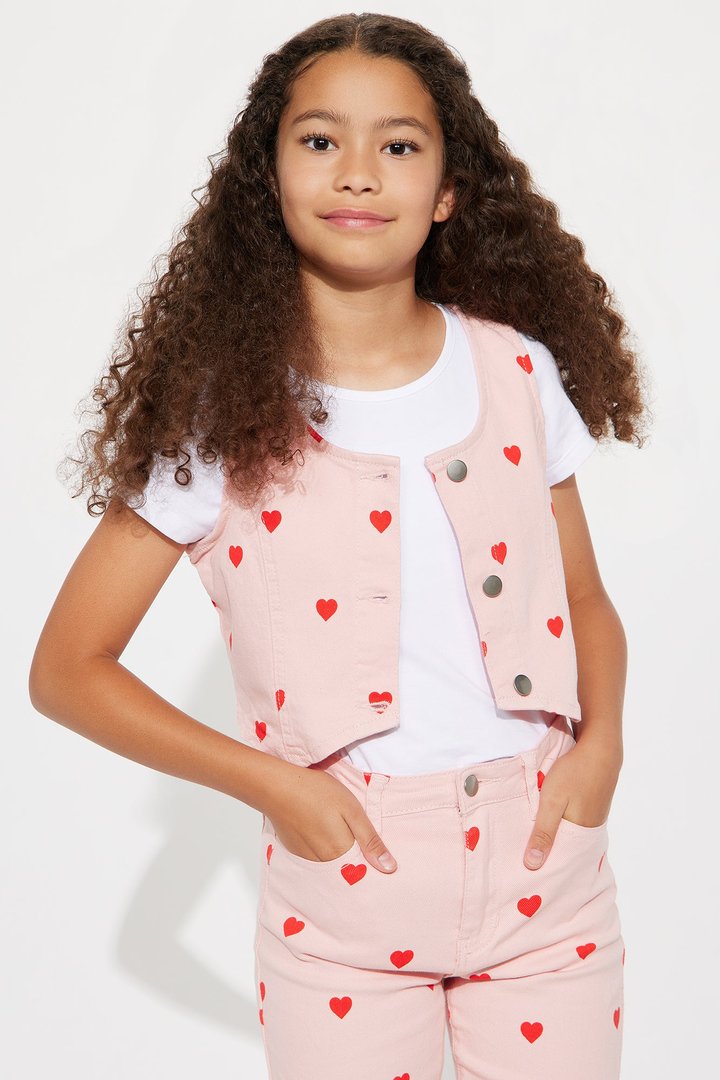 Mini Feeling The Love Heart Print Denim Set - Pink