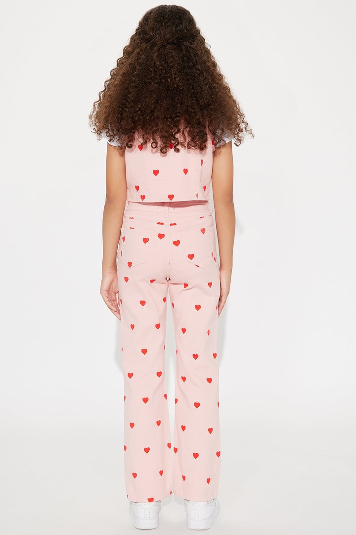 Mini Feeling The Love Heart Print Denim Set - Pink
