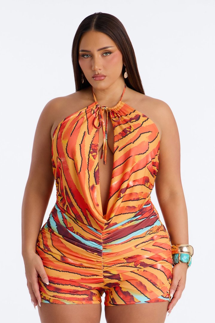 Island Heat Backless Tropical Romper - Orange