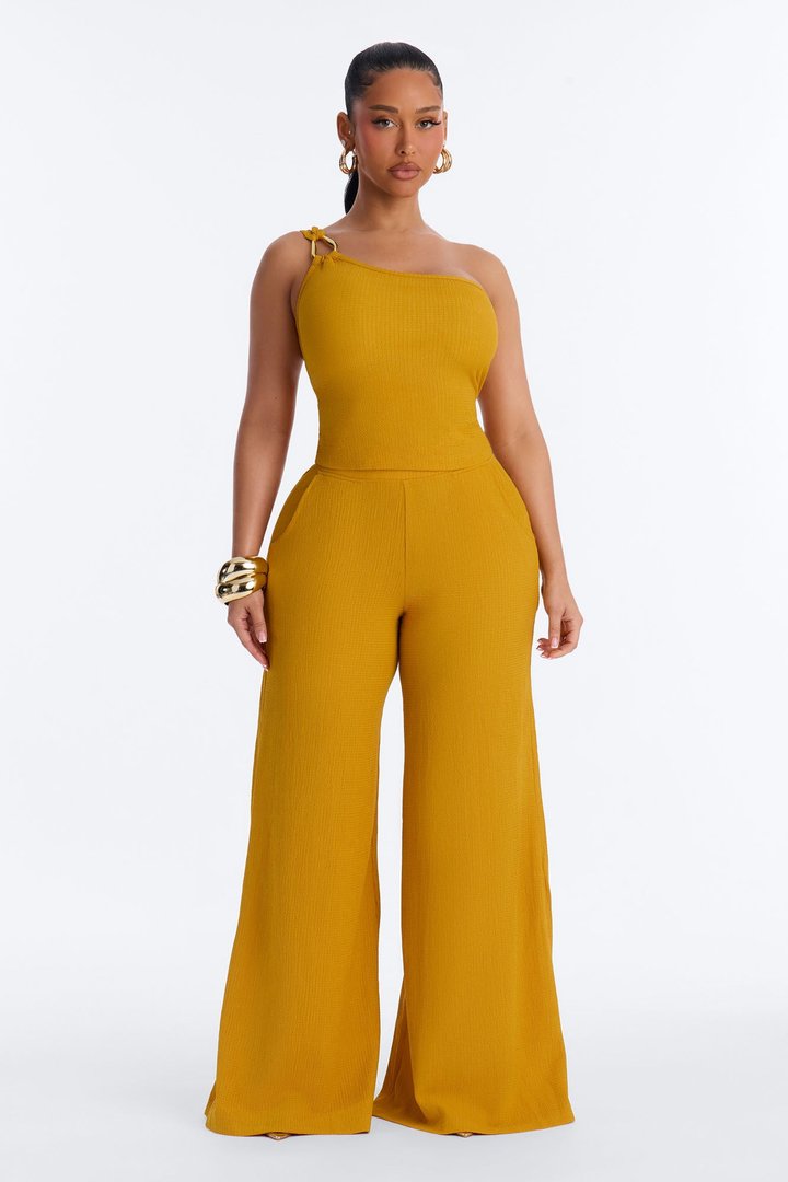 Tall Gloria Textured One Shoulder Pant Set - Mustard