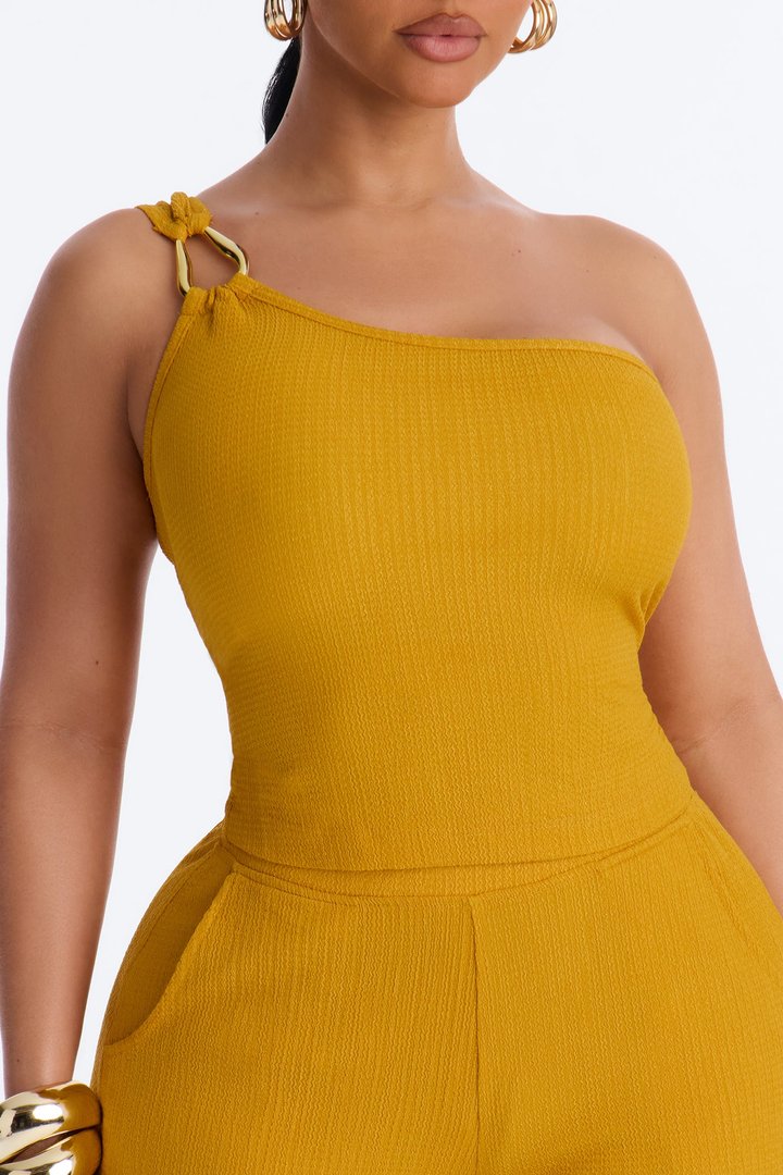 Tall Gloria Textured One Shoulder Pant Set - Mustard