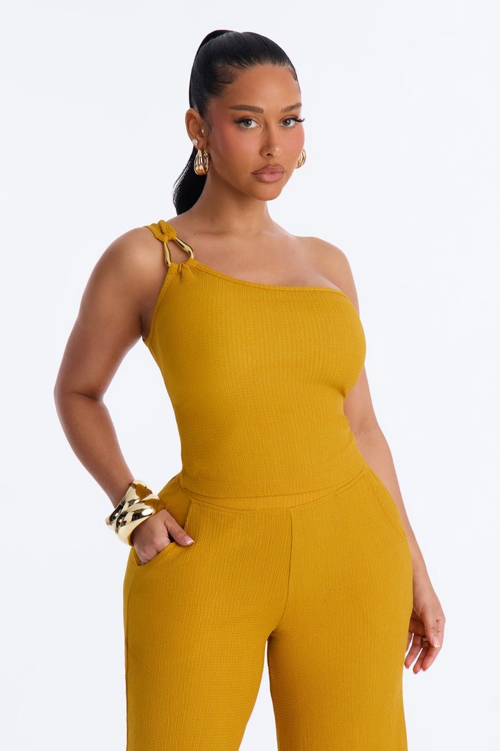 Tall Gloria Textured One Shoulder Pant Set - Mustard