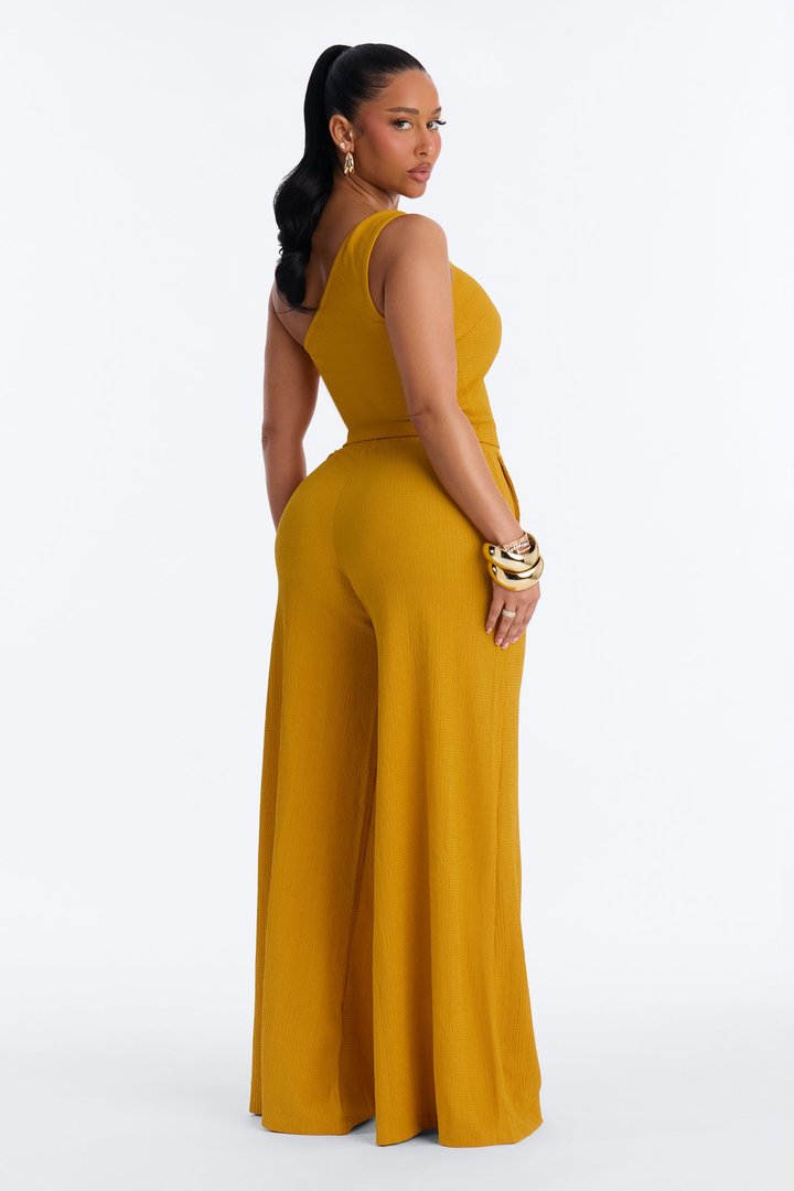 Tall Gloria Textured One Shoulder Pant Set - Mustard