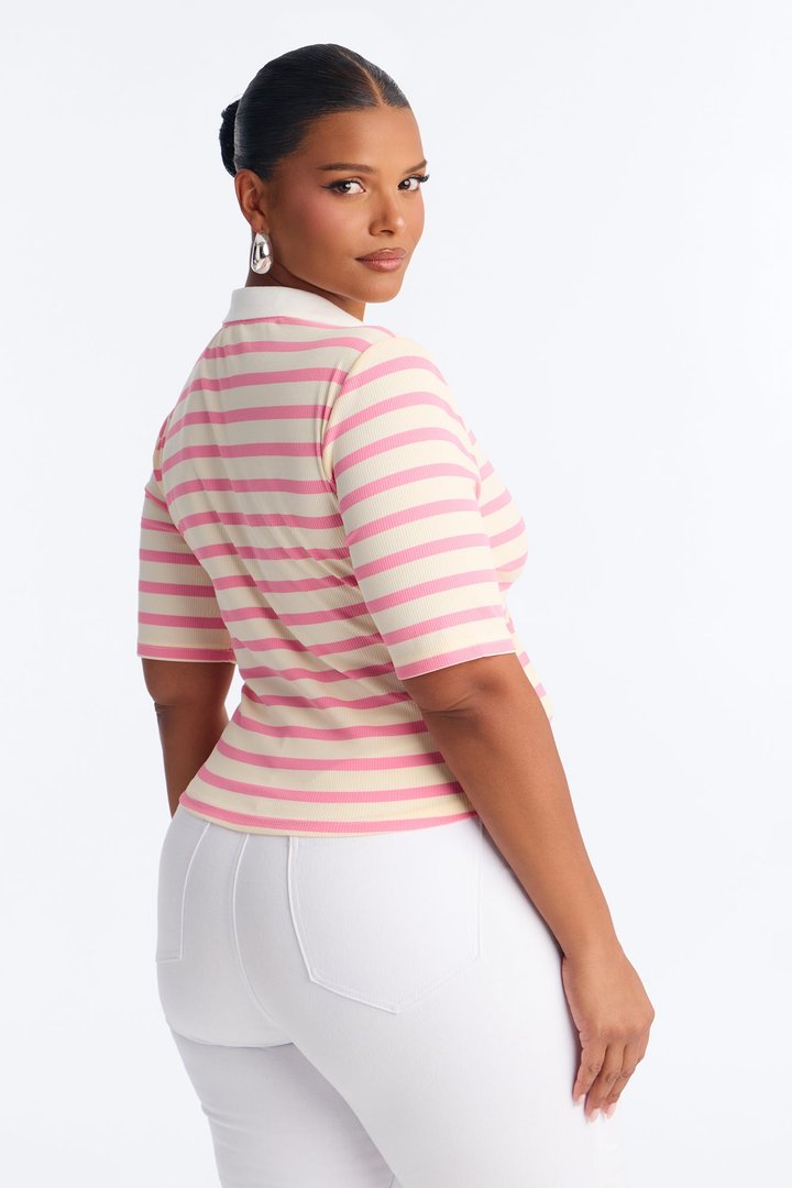 Regina Short Sleeve Polo Top - Pink/combo