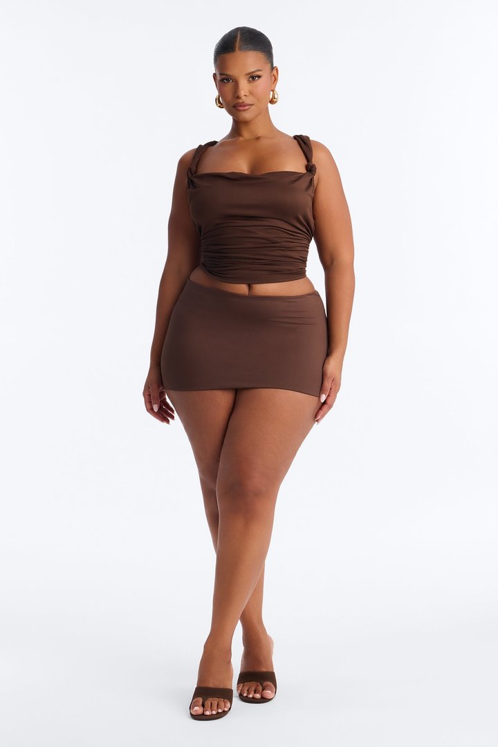 Pretty Persuasion Knot Cowl Neck Ruched Top - Chocolate