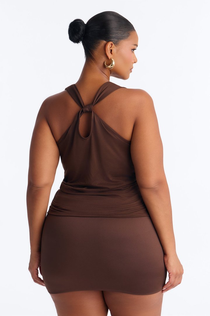 Pretty Persuasion Knot Cowl Neck Ruched Top - Chocolate