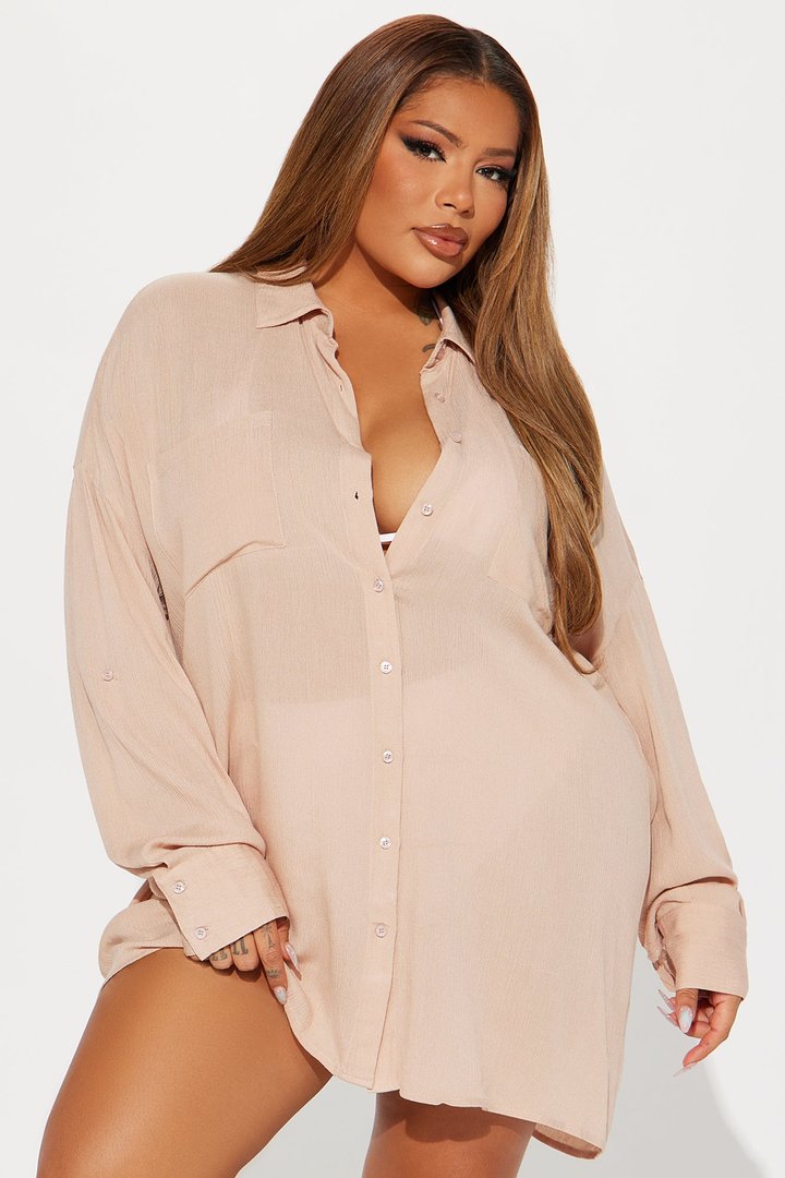 Breezy Nights Linen Pocket Cover Up Shirt - Tan