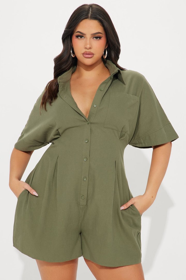 Press The Facts Romper - Olive