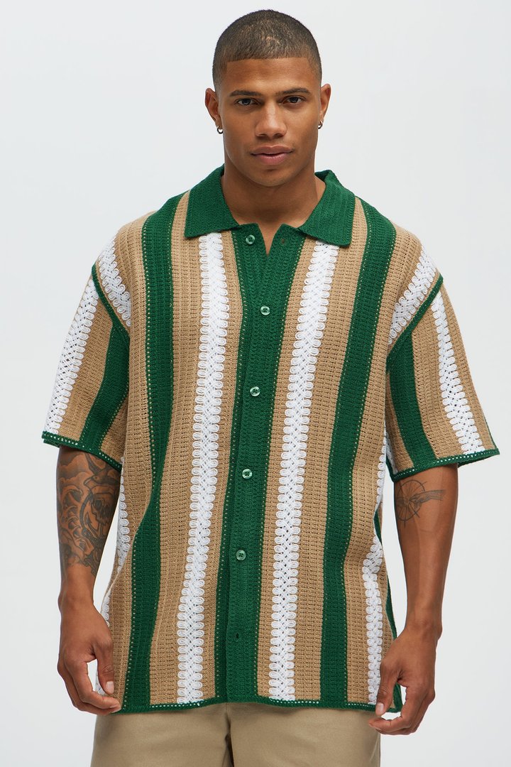 Brock Striped Crochet Collar Button Down Shirt - Green/combo