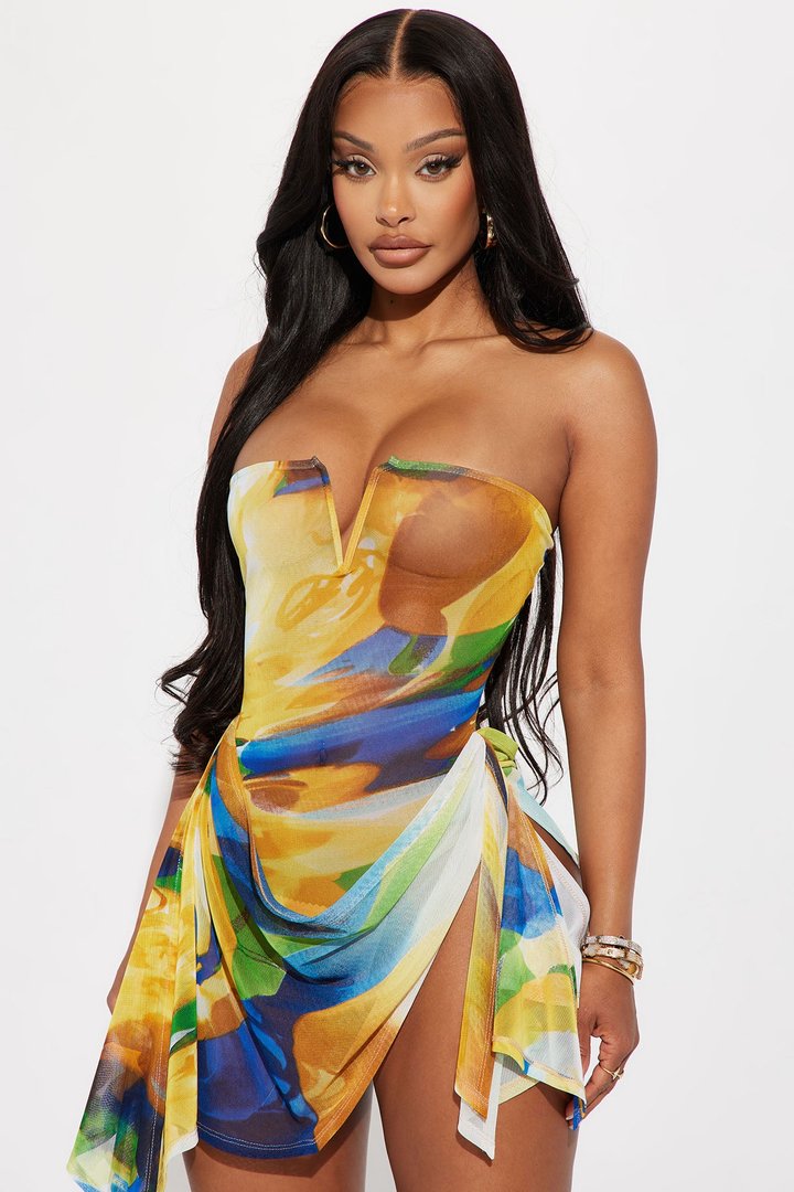 Staying Out Mesh Mini Dress - Green/combo