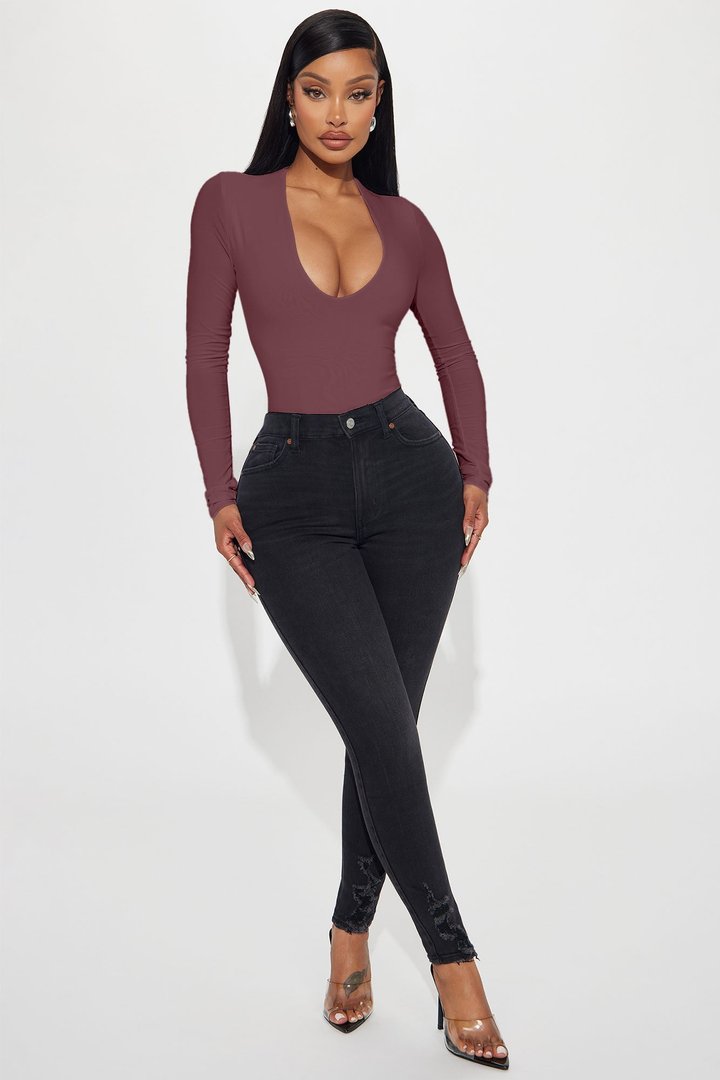 Take The Plunge Lined Long Sleeve Bodysuit - Wine