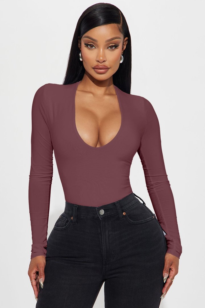 Take The Plunge Lined Long Sleeve Bodysuit - Wine