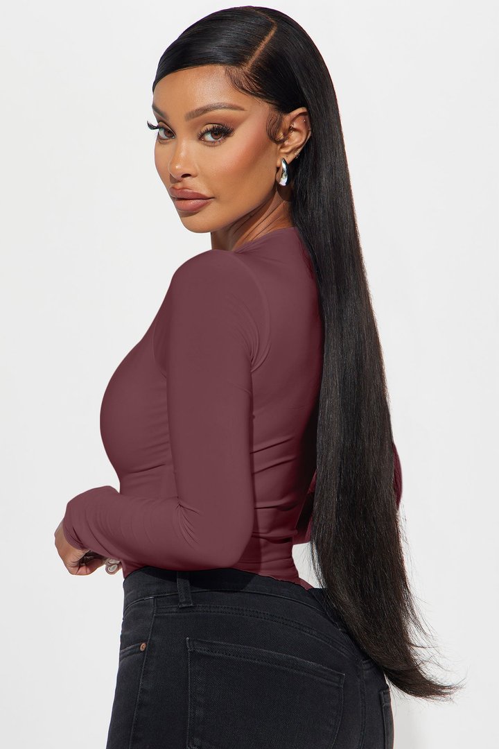 Take The Plunge Lined Long Sleeve Bodysuit - Wine