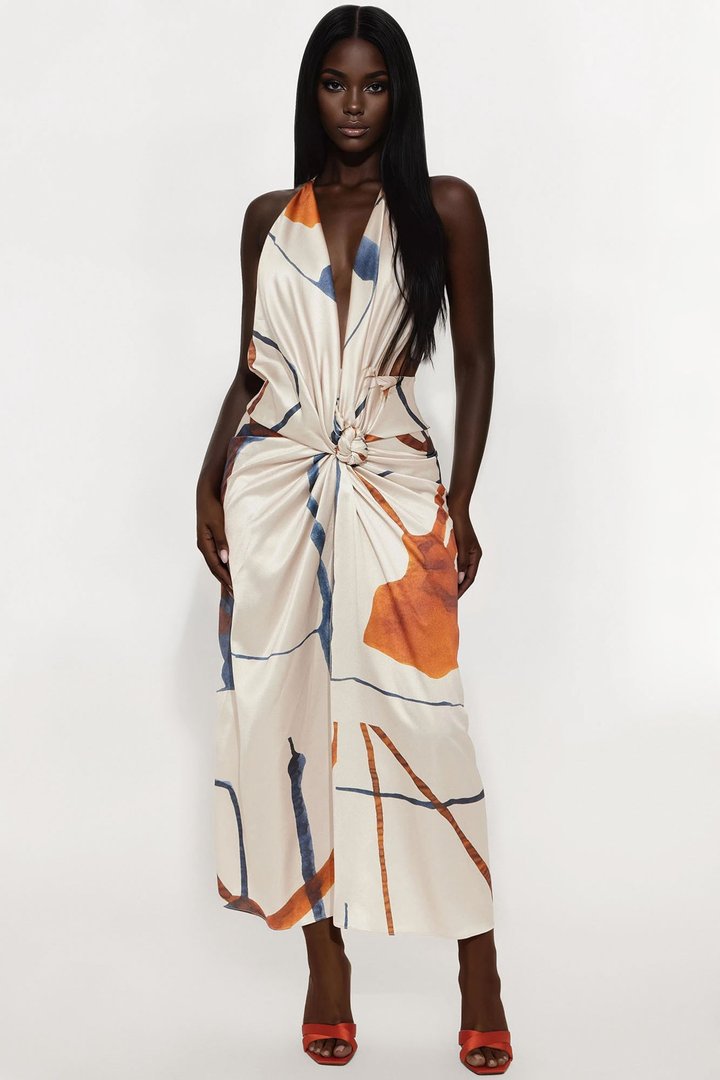Farah Satin Knot Maxi Dress - Taupe/combo