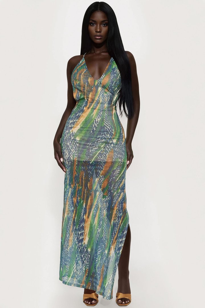 Leanne Backless Maxi Dress - Green/combo