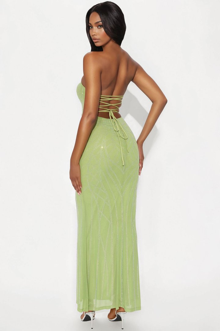 Stella Embellished Mesh Strapless Maxi Dress - Sage