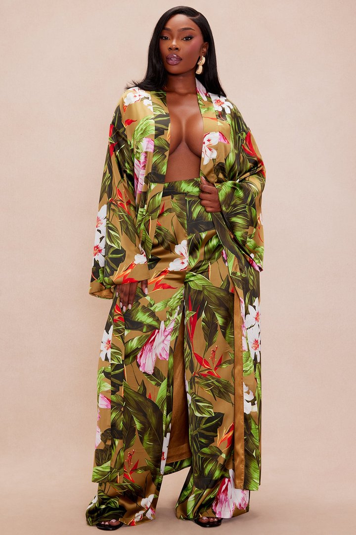 Amazonian Satin Kimono Pant Set - Green/combo