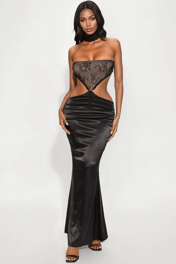 Jennifer Lace Satin Maxi Dress - Black