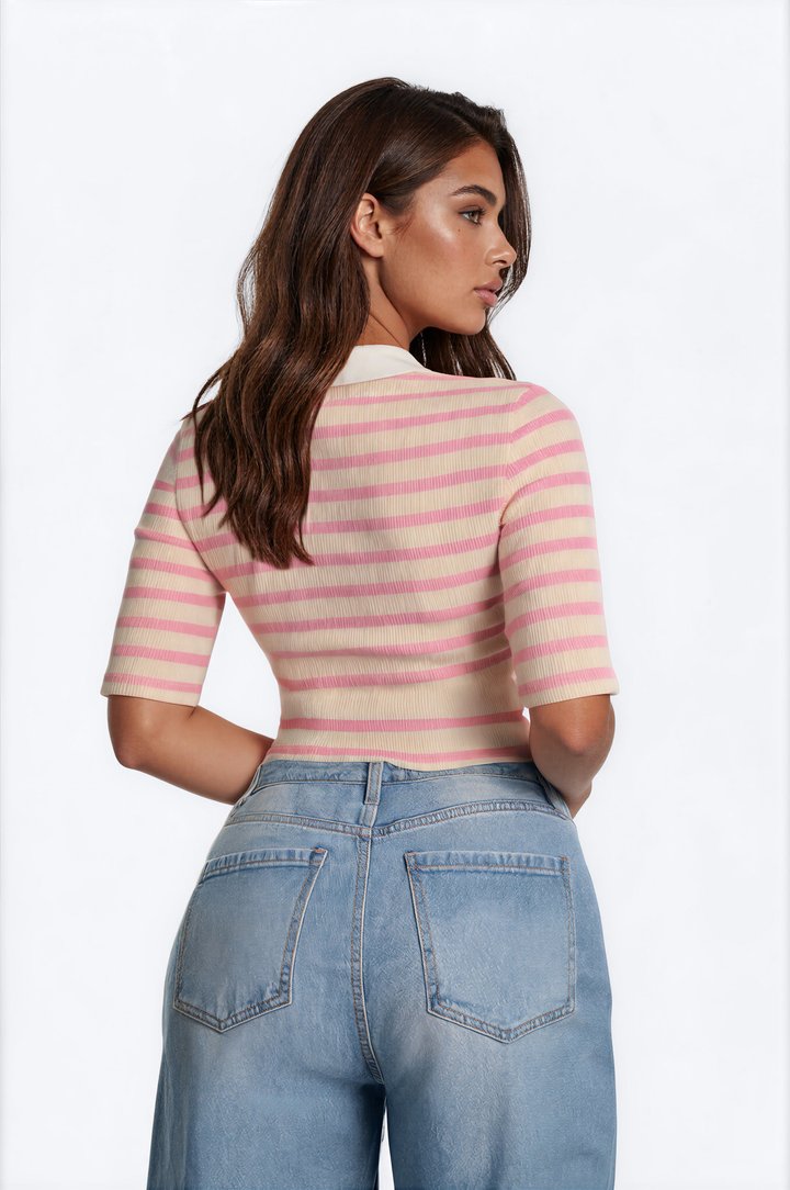 Regina Short Sleeve Polo Top - Pink/combo