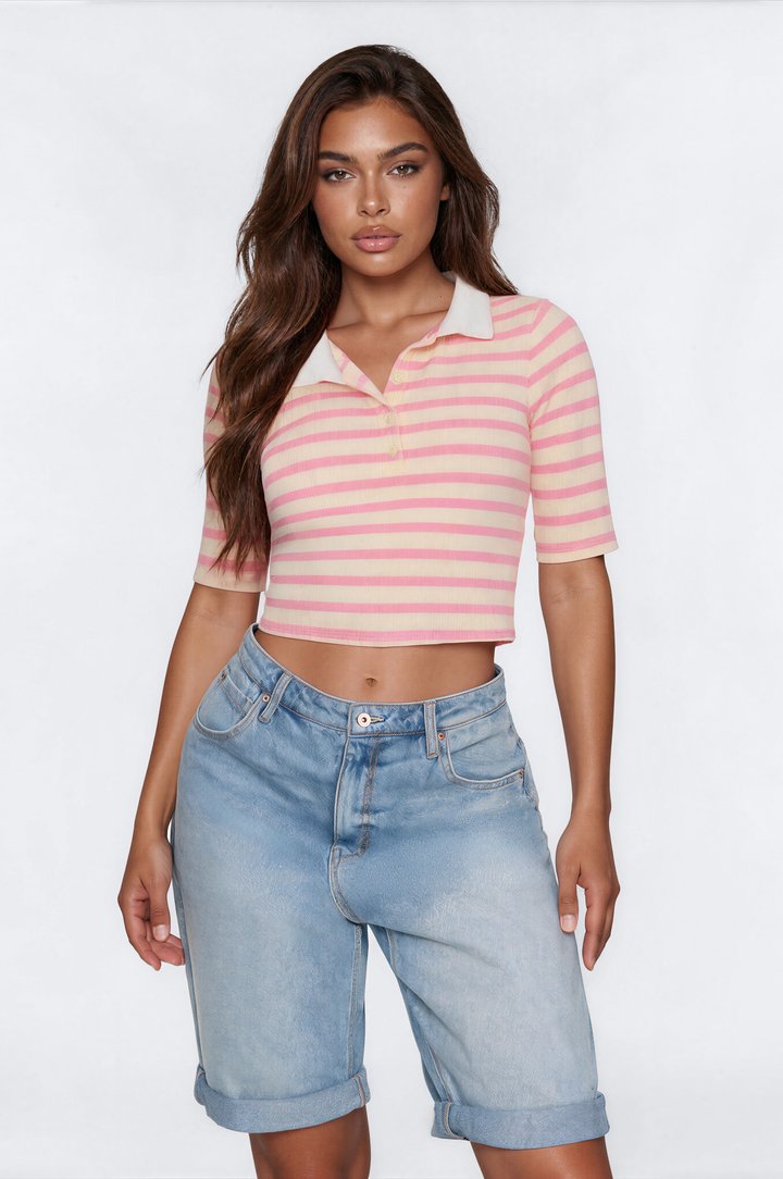 Regina Short Sleeve Polo Top - Pink/combo