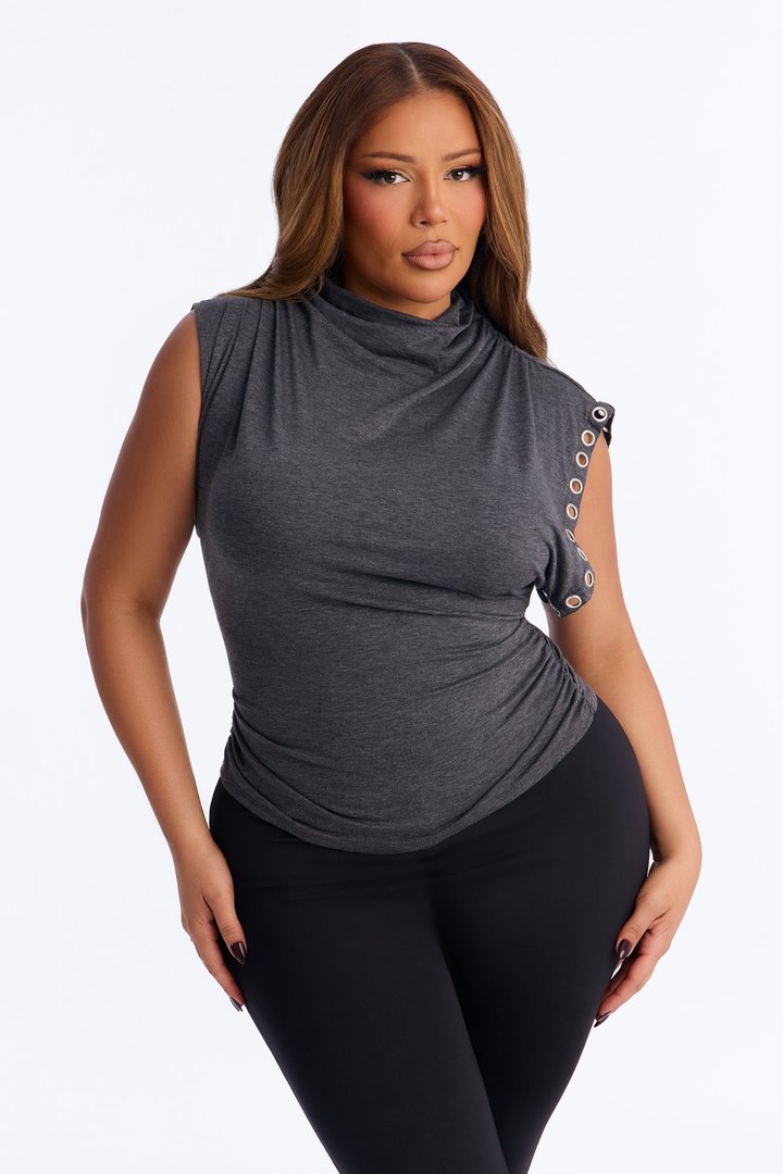Sabrina Mock Neck Grommet Short Sleeve Top - Charcoal