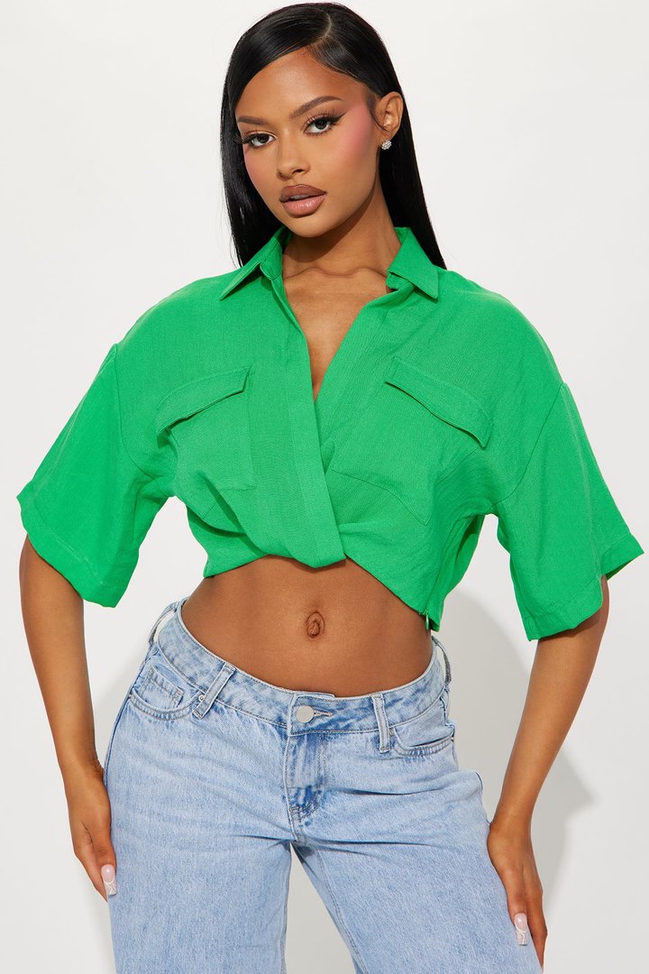In The Right Zone Linen Top - Kelly Green