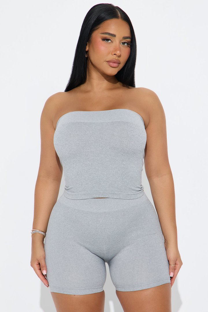 Off Duty Seamless Tube Top Biker Short Set - Light Grey