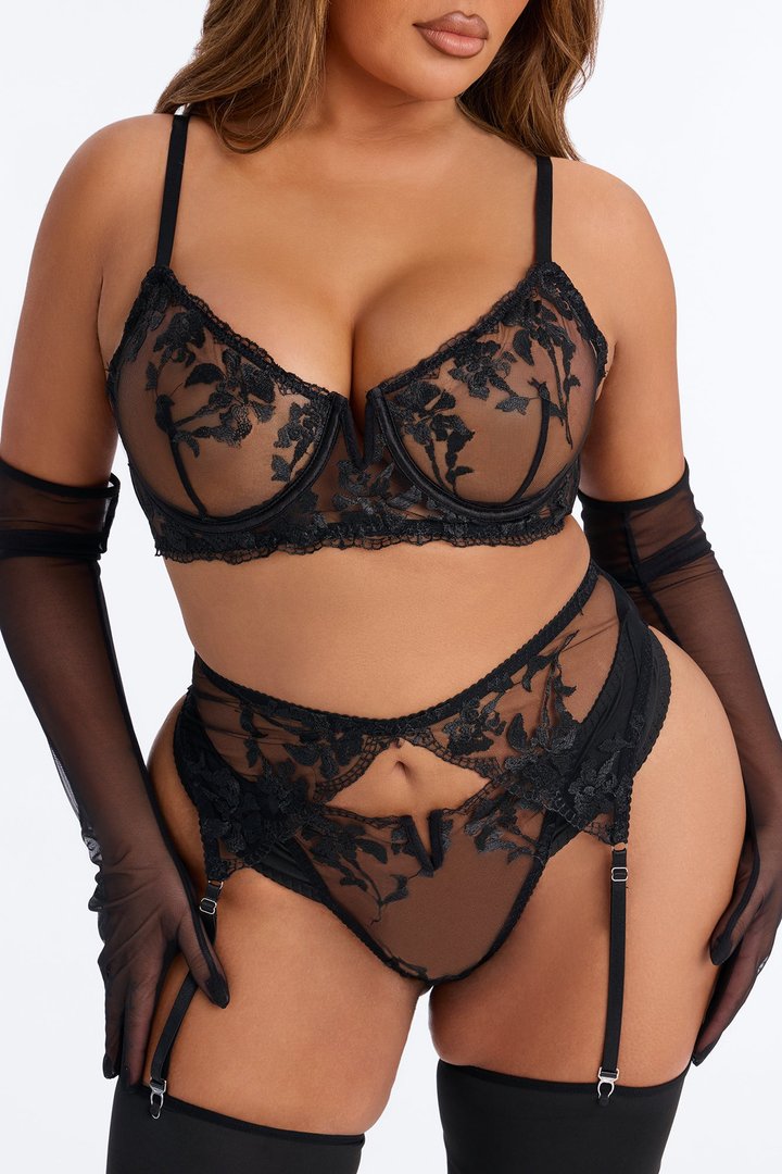 Follow Me Mesh Embroidered 5 Piece Bra & Panty Garter Set - Black