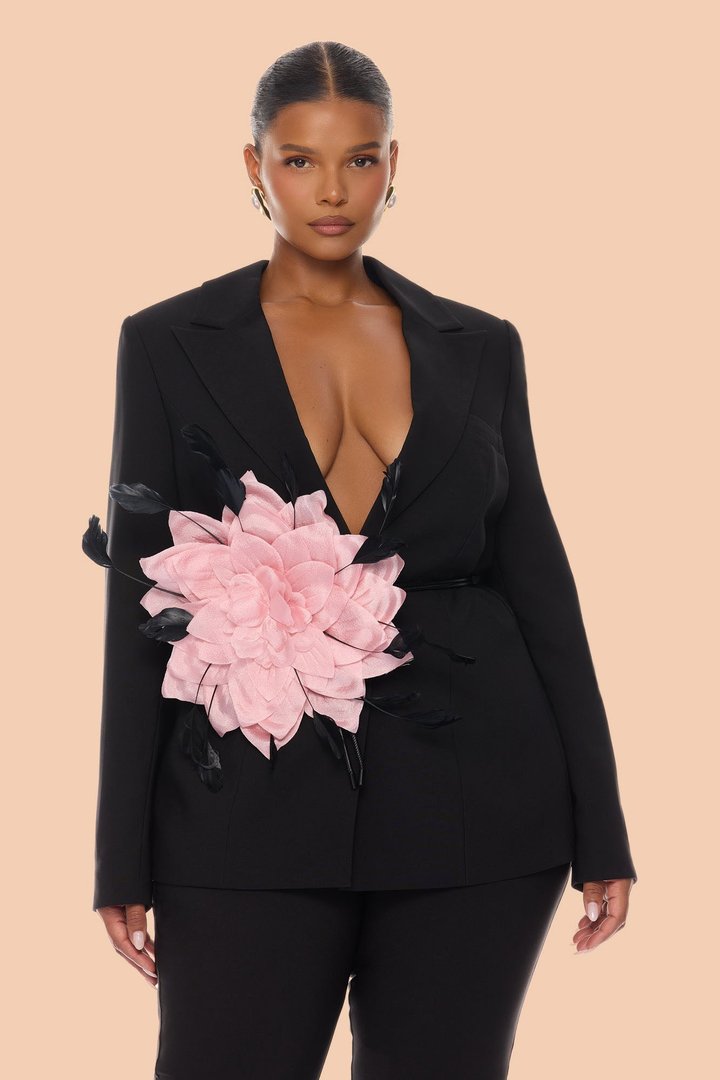 Kahlea Floral Applique Belted Pant Set - Black