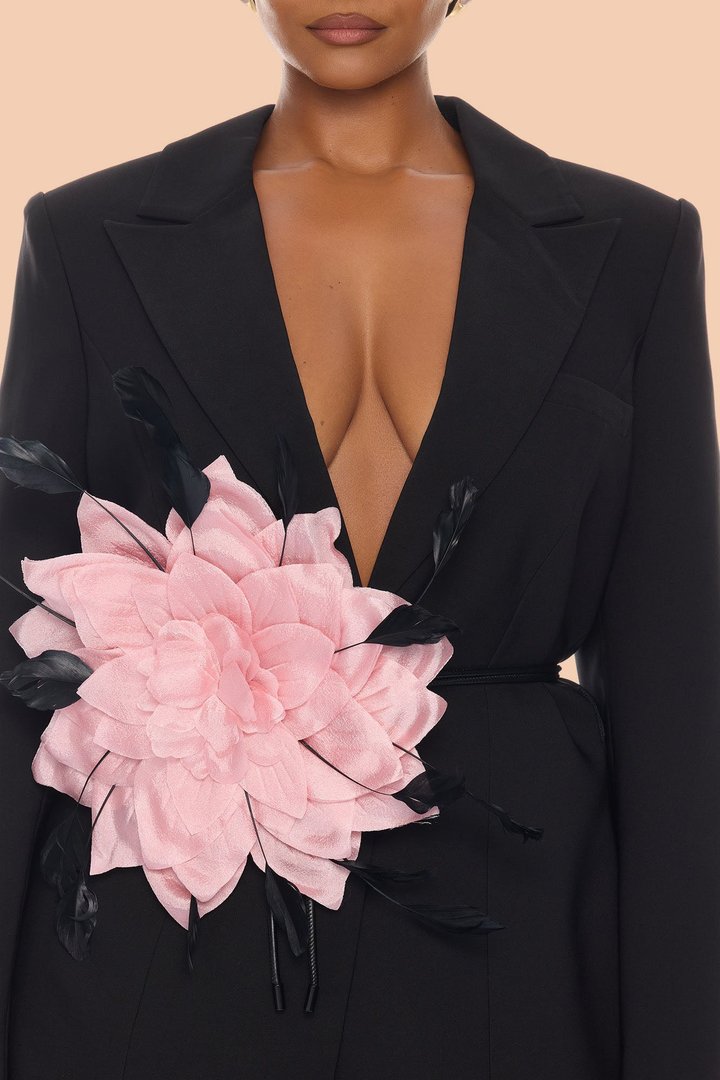 Kahlea Floral Applique Belted Pant Set - Black